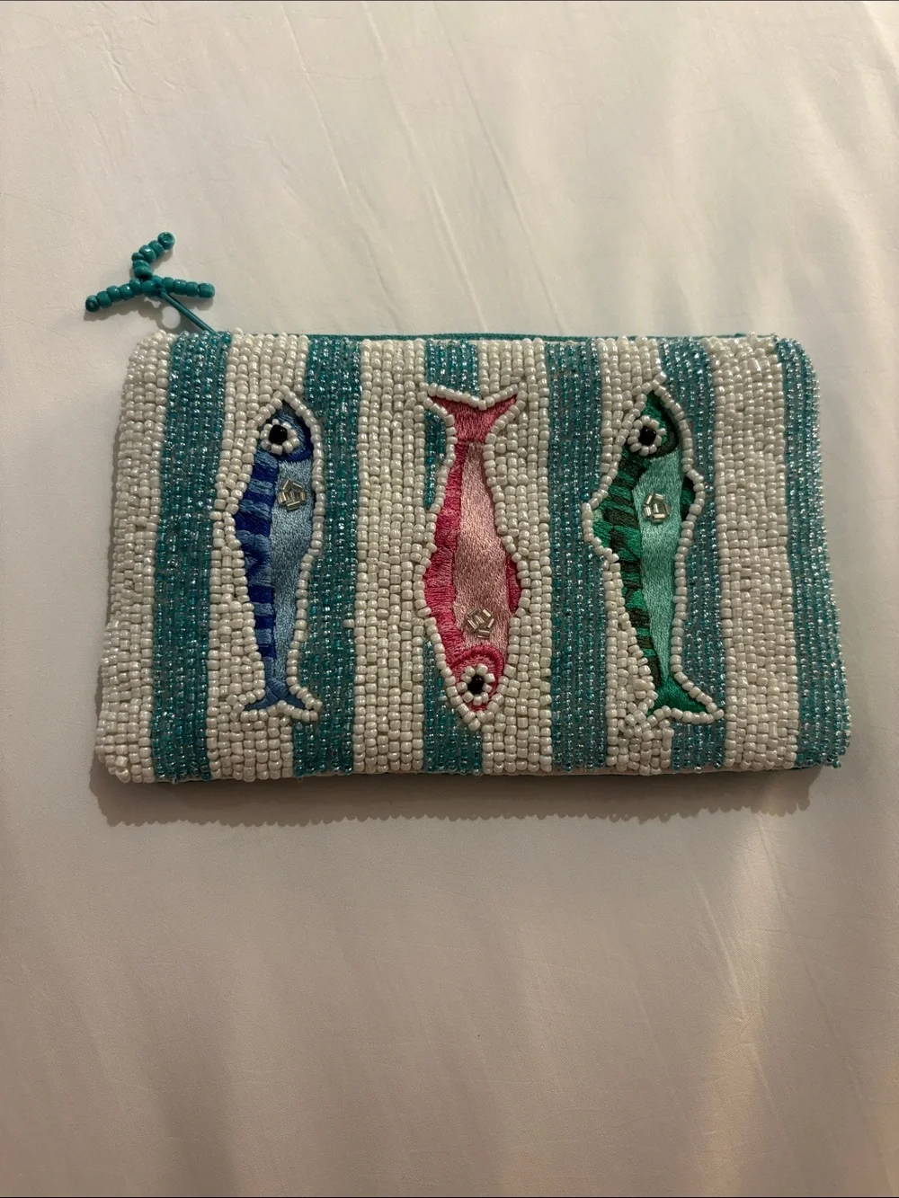 Beaded Fish Stripe Clutch - White with Teal, Pink & Blue Fish